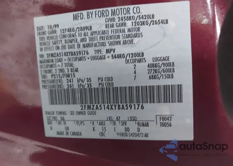 2000 Ford Windstar Lx z USA, uszkodzony, nr VIN 2FMZA514XYBA59176